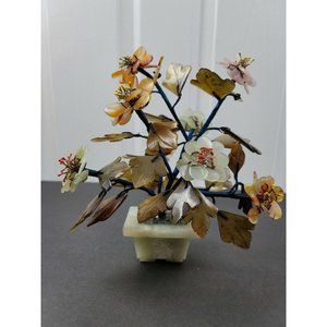 Chinese Jade Carved Agate Peony Quartz Flowers 9" Ikebana Bonsai VTG Tree - EUC